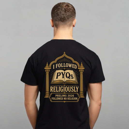 PYQs Parody – UPSC Prelims 2026 | Male Regular Fit T-Shirt | 180 GSM Cotton